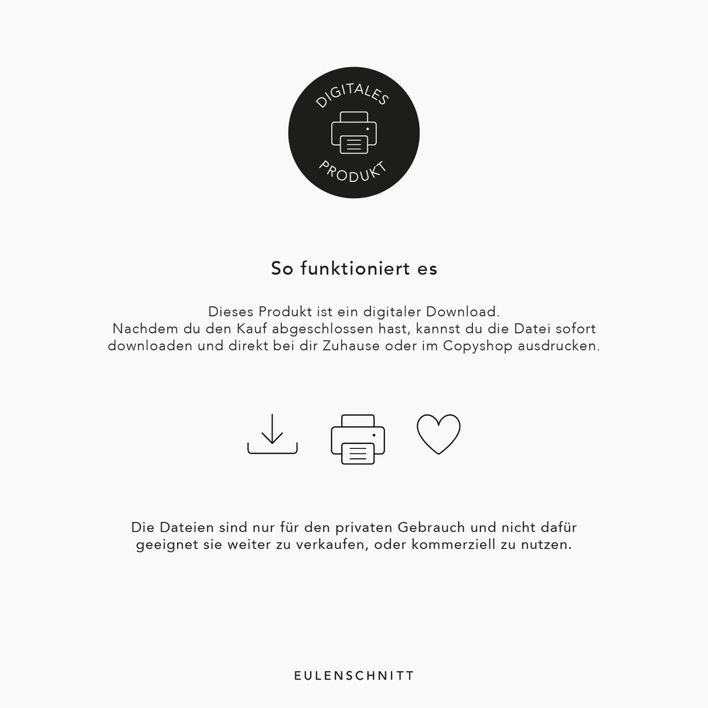 Einzelne Schritte, wenn man einen Cake-Topper von Eulenschnitt kauft. Downloaden, ausdrucken, aufhängen und freuen.