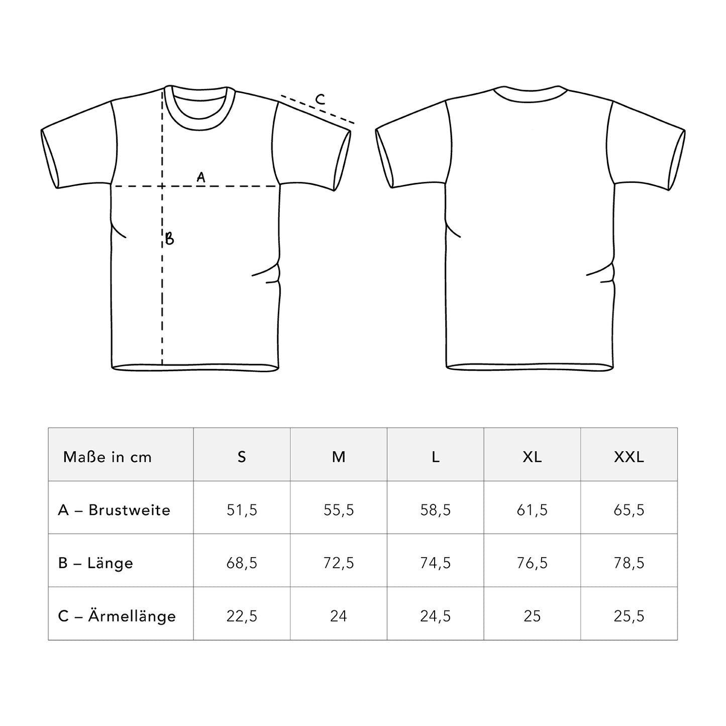 Größentabelle T-Shirt mit Maßskizze für Brustweite, Länge und Ärmellänge in den Größen S bis XXL
