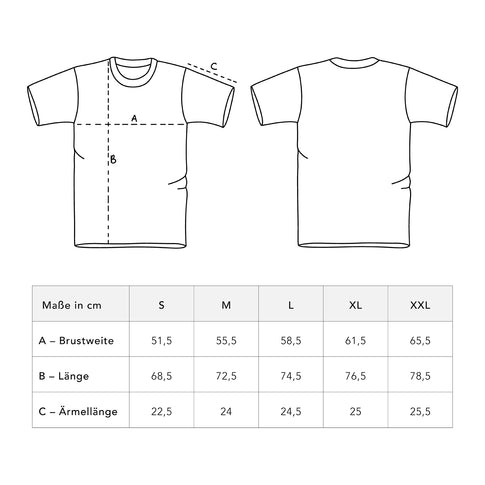 Größentabelle T-Shirt mit Maßskizze für Brustweite, Länge und Ärmellänge in den Größen S bis XXL