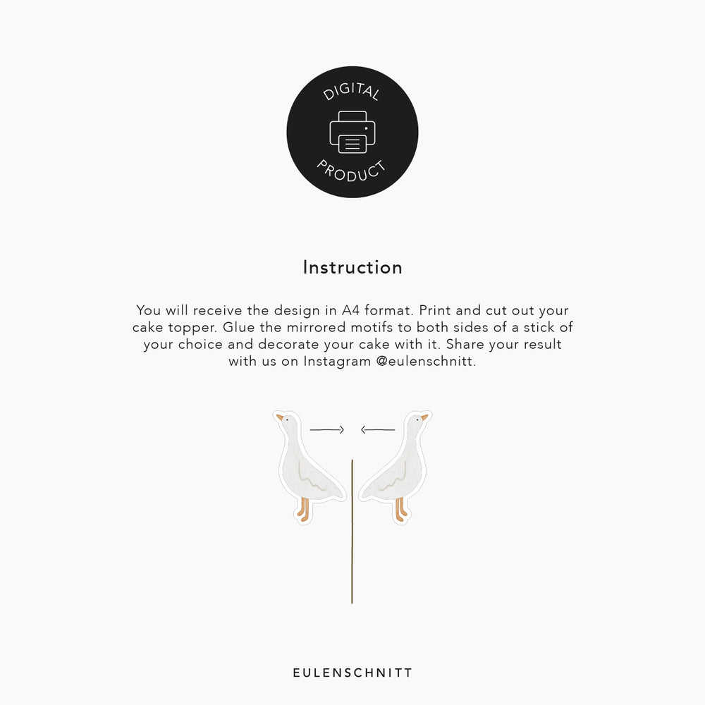 Instruction showing the individual steps for making the cake toppers at home. Print, cut out and attach to a stick of your choice. Decorate at the end.