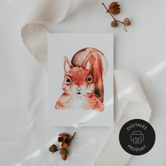 Digitales Eichhörnchenposter mit Walddeko auf Leinentuch – gekennzeichnet als digitales Produkt von Eulenschnitt.