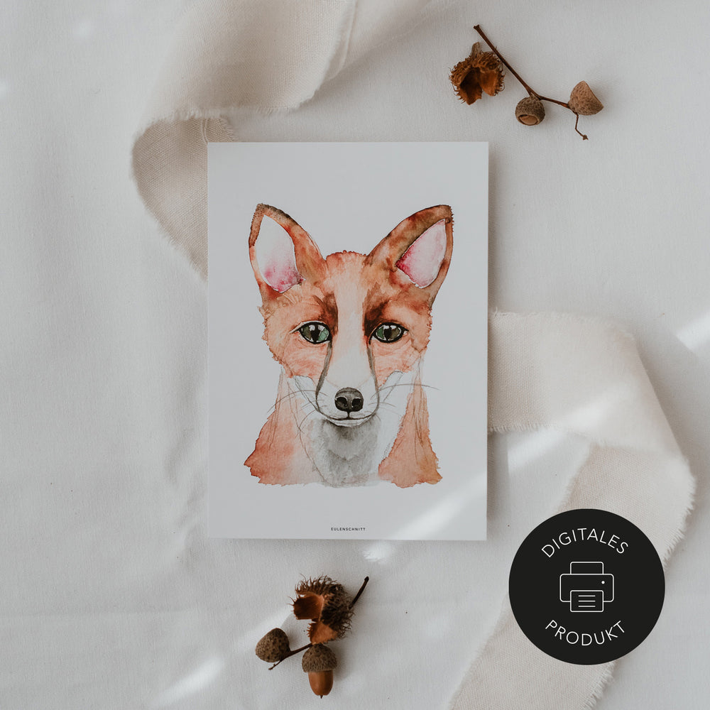 Digitales Fuchsposter mit Dekoration aus dem Wald auf einem Leinentuch – gekennzeichnet als digitales Produkt von Eulenschnitt.