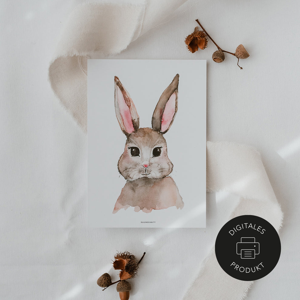 Digitales Hasenposter mit Walddeko auf Leinentuch – gekennzeichnet als digitales Produkt von Eulenschnitt.