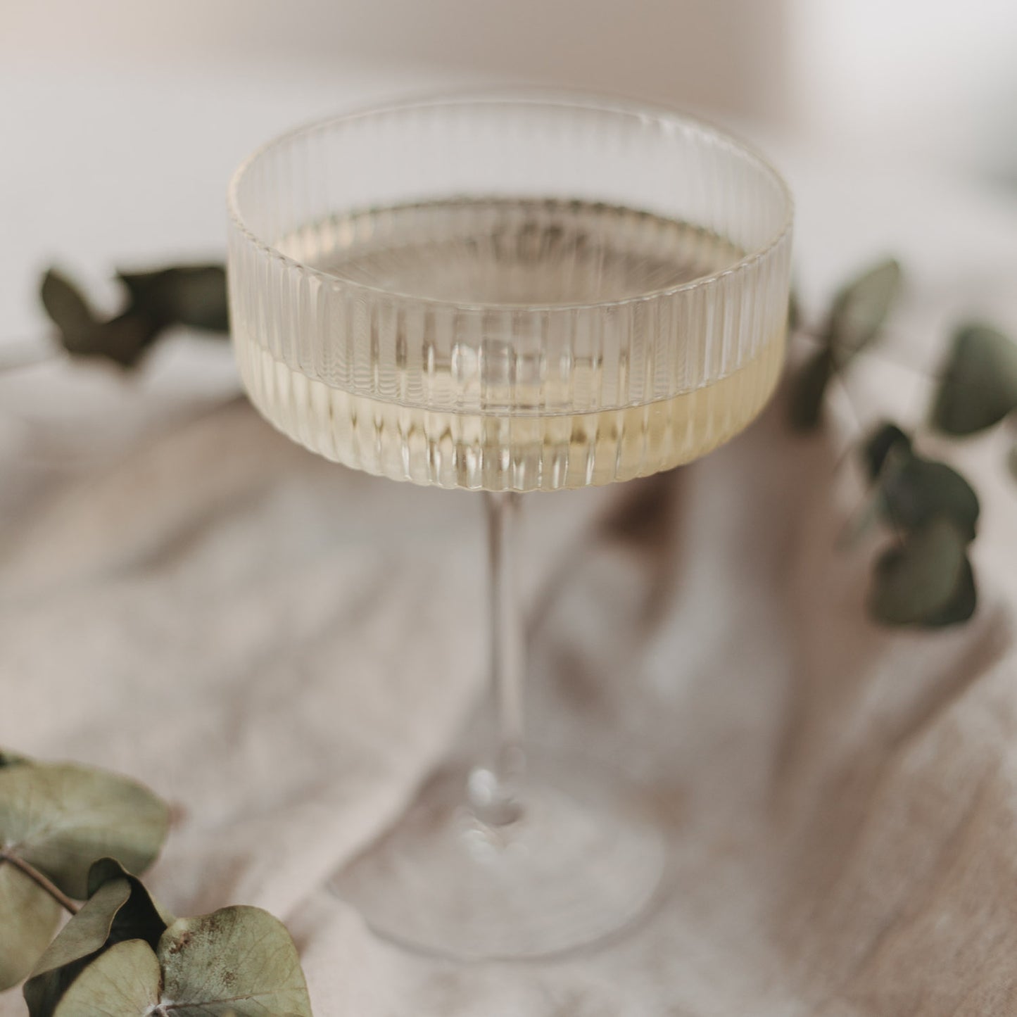 Champagnerglas mit feiner Riffelung, gefüllt mit Sekt – dekorativ inszeniert auf Leinen und Eukalyptus.