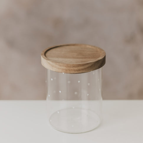 Glas Vorratsglas mit Holzdeckel und weißen Herzmotiven, minimalistisches Design