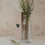 Glas Karaffe mit Blumenmotiv und frischen Zweigen, neben Verpackung mit Herzmotiv