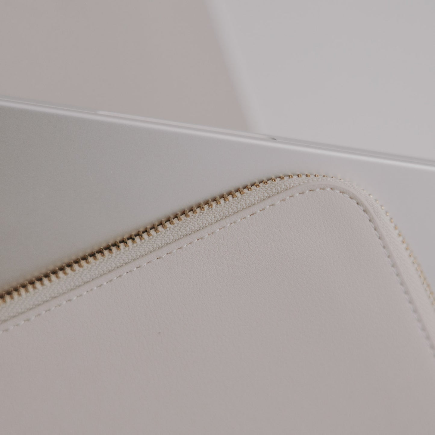 Detailansicht Laptophülle Taupe mit Laptop und goldfarbenem Reißverschluss