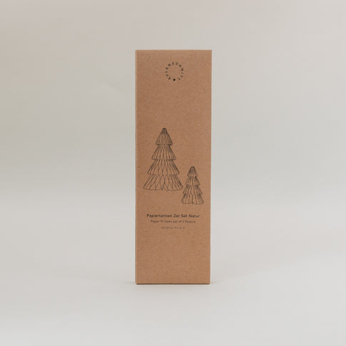 Vorderseite der Verpackung vom Papiertannen 2er Set Natur mit minimalistischer Illustration