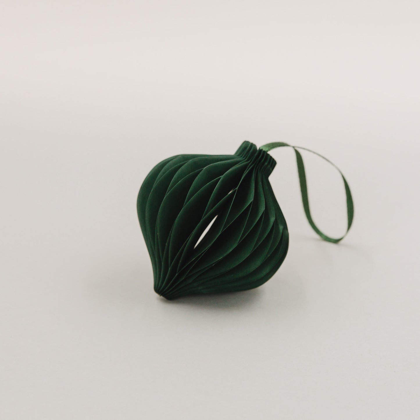 Ein einzelner dunkelgrüner Papieranhänger mit Wabenoptik und Band auf weißem Hintergrund liegend.