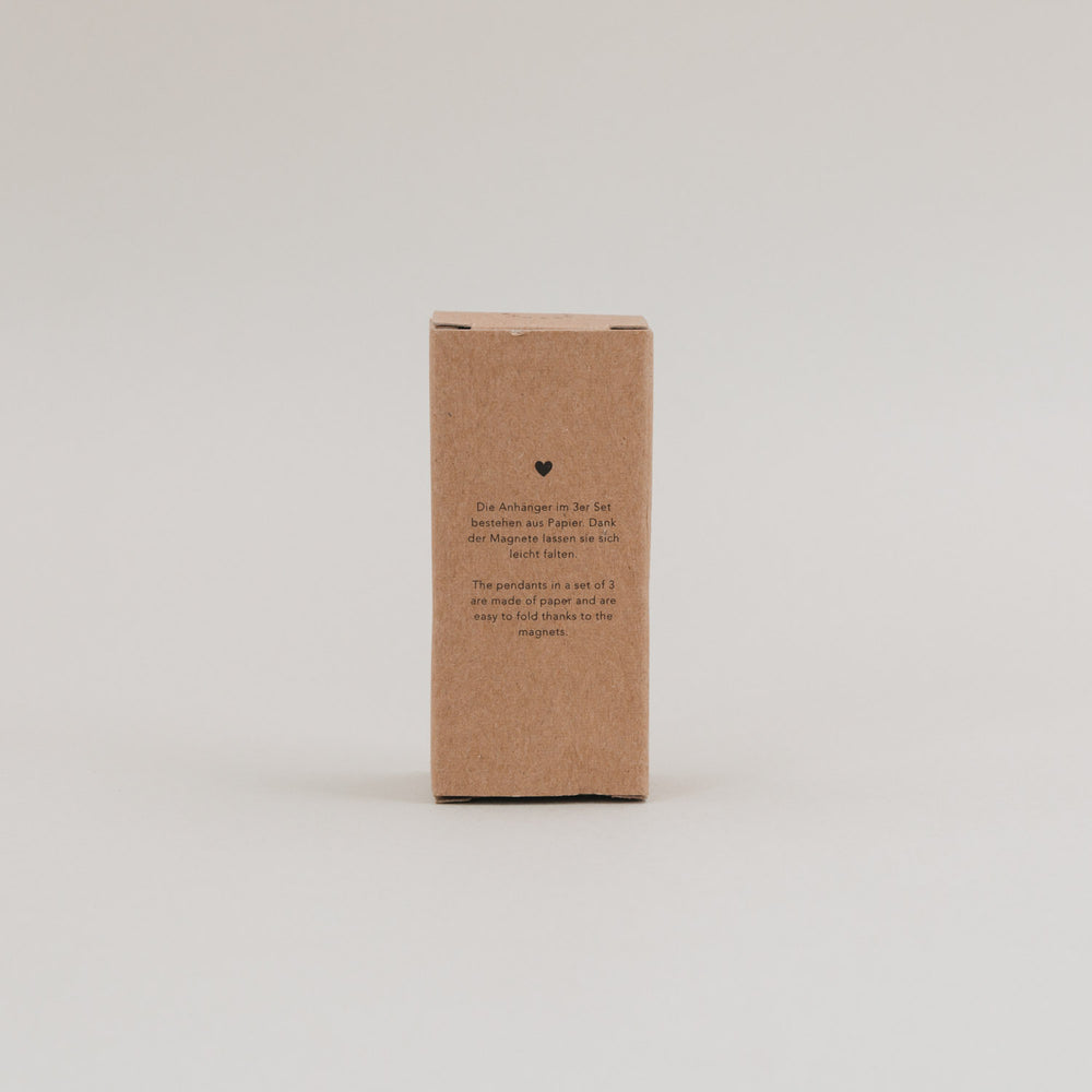 Rückseite der Kartonverpackung mit Textinformation zu Material und Handhabung der Papieranhänger