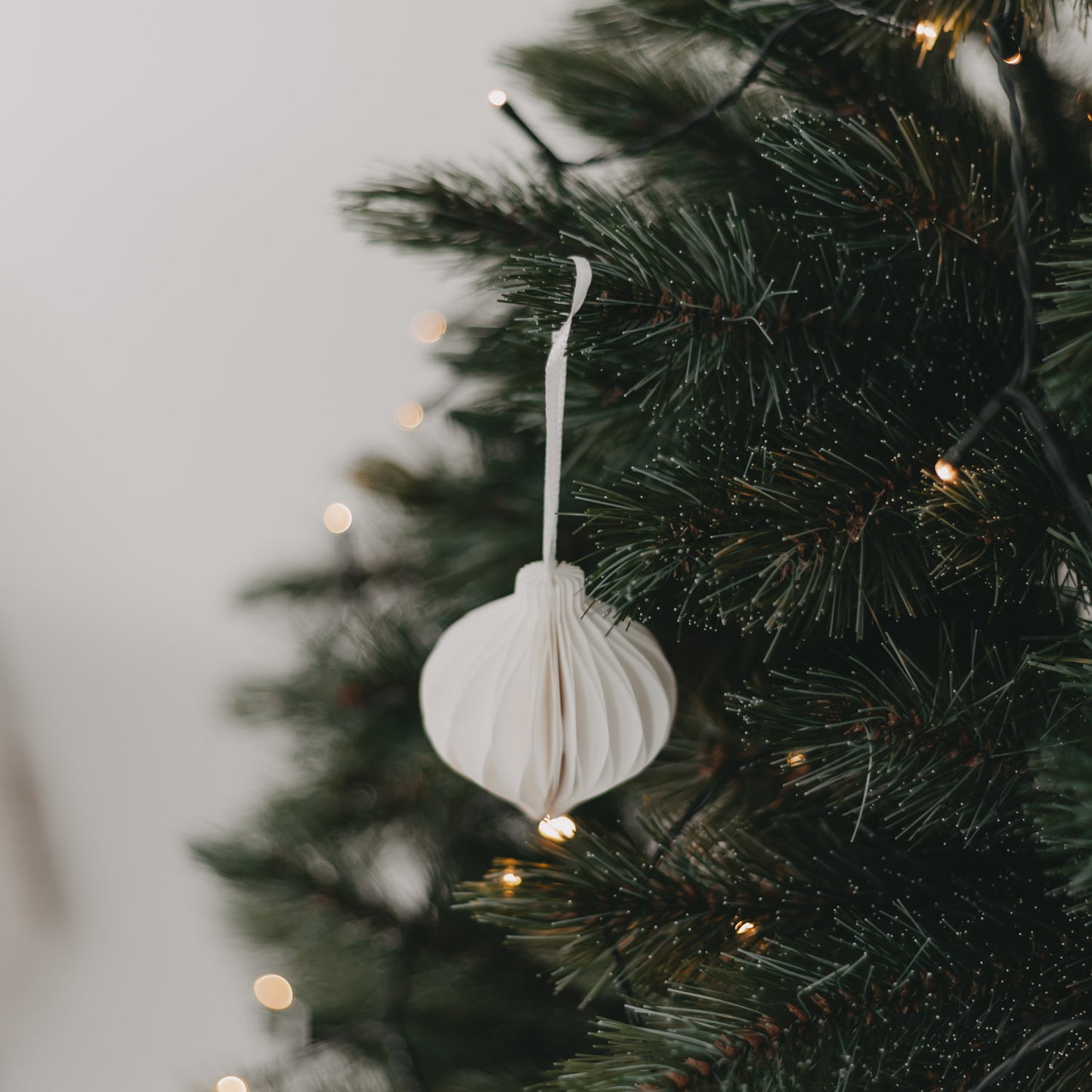 Weißer Anhänger hängt am Weihnachtsbaum zwischen grünen Zweigen und Lichterkette