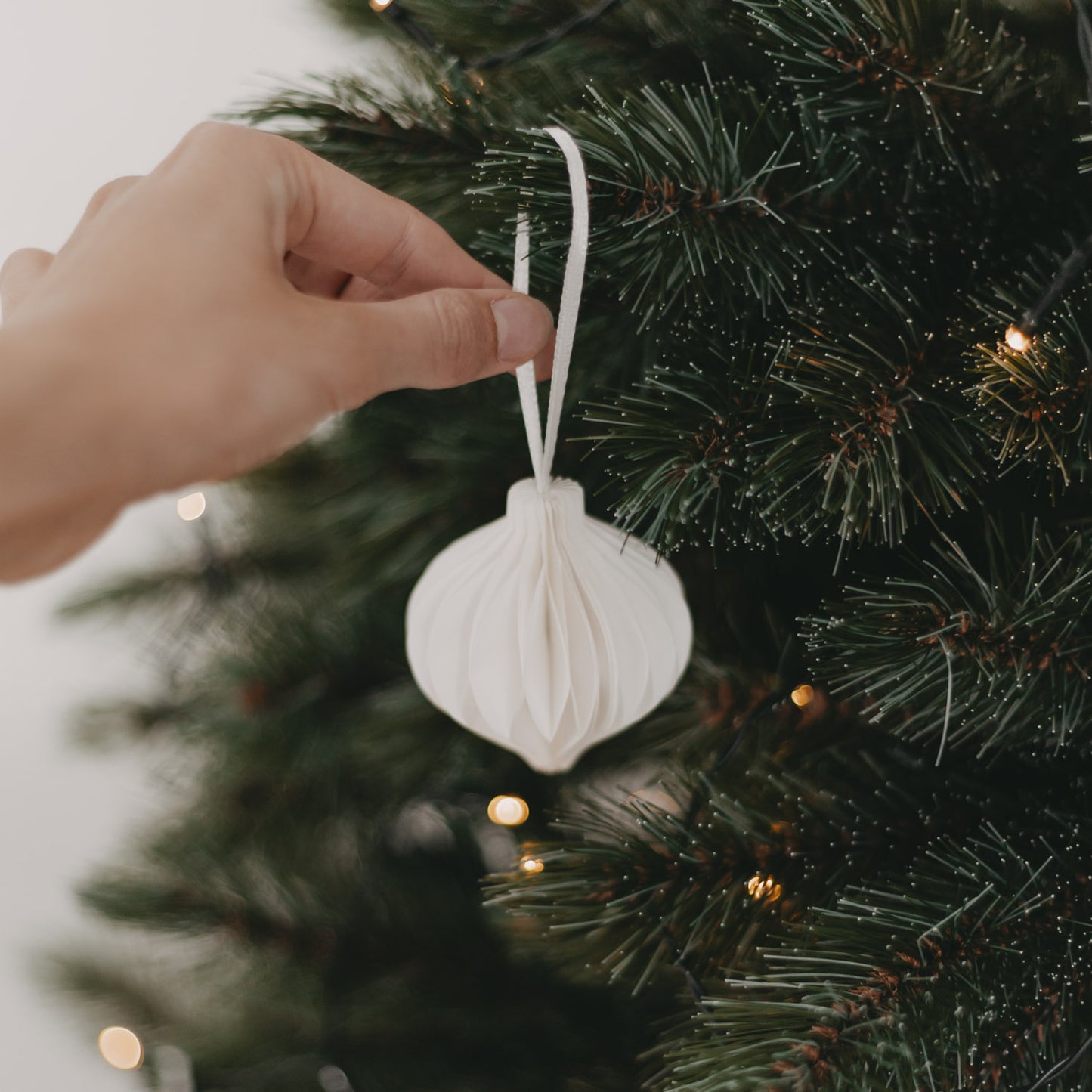 Hand hängt weißen Papieranhänger an einen Christbaumzweig – nachhaltige Dekoration im Einsatz
