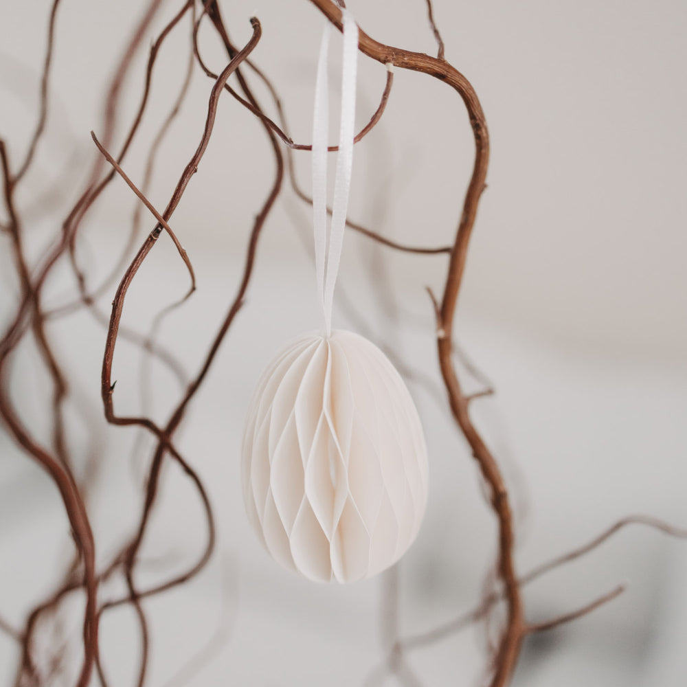 Beiger Papieranhänger in Ei-Form hängt an dekorativem Zweig.