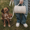 Hund und Person draußen mit zusammengerollter cremefarbener Hundedecke mit Griff