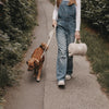 Spaziergang mit Hund und cremefarbener Hundedecke mit Herz-Detail und Griff
