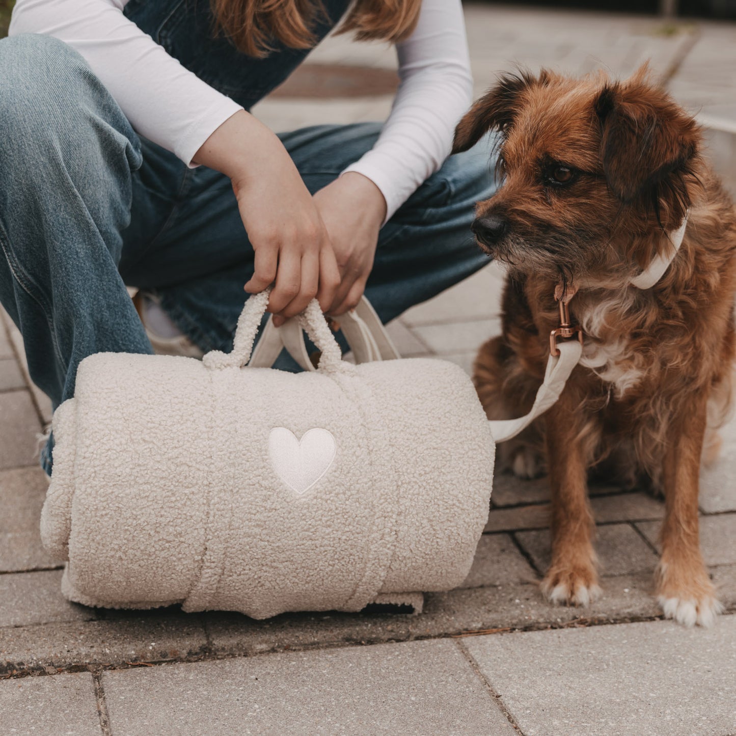 Person mit Hund und tragbarer Hundedecke in Creme unterwegs