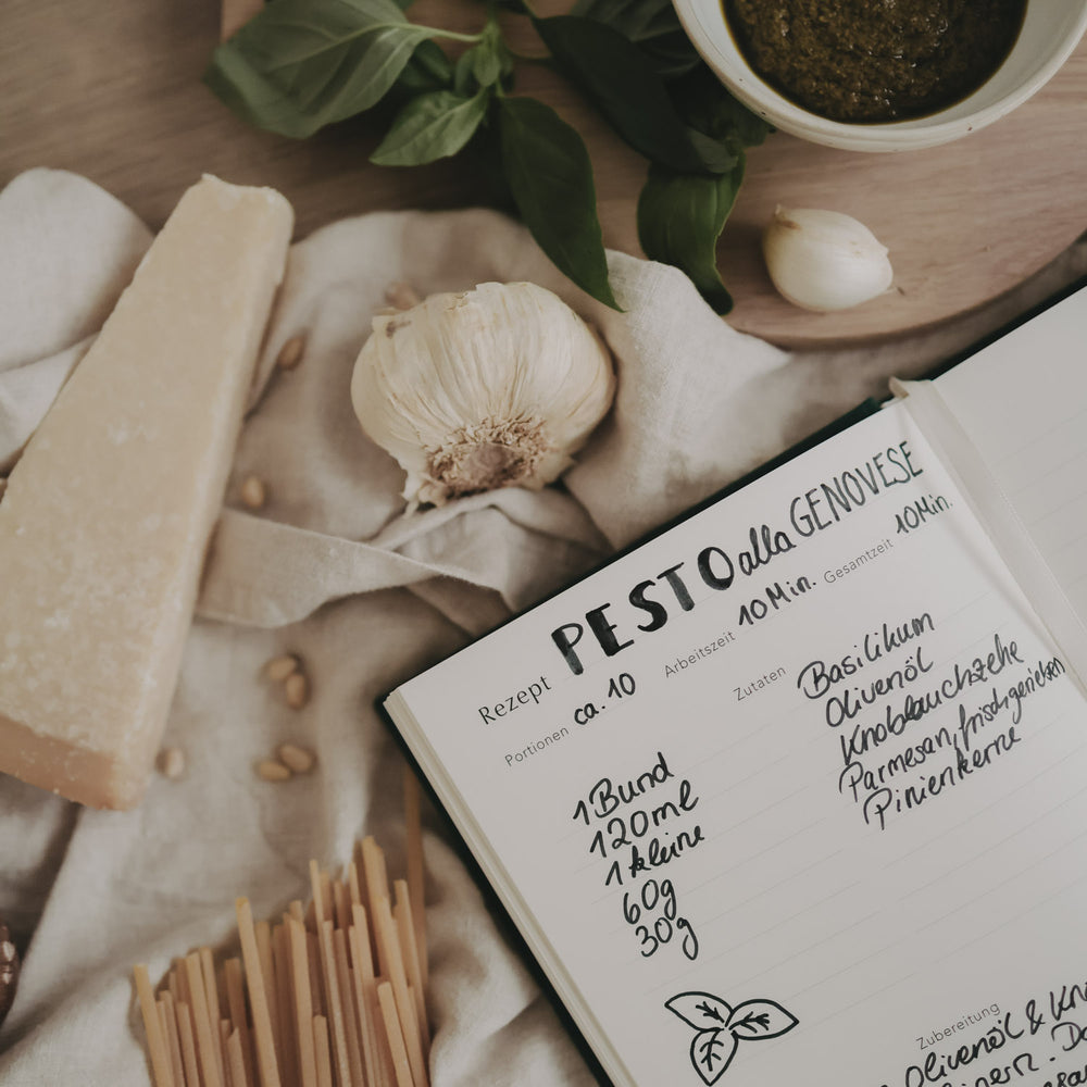 Ausgefüllte Rezeptseite für Pesto im Rezeptbuch, dekoriert mit frischen Zutaten