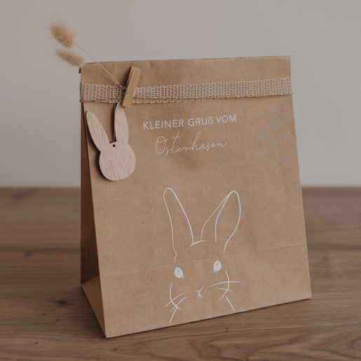 Papier-Geschenktüte Ostern mit Aufdruck „Kleiner Gruß vom Osterhasen“ und Hasenmotiv