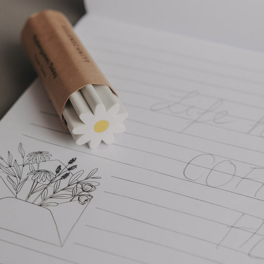 Radiergummi Daisy in Papierhülle auf Notizblock mit Linien und Zeichnung
