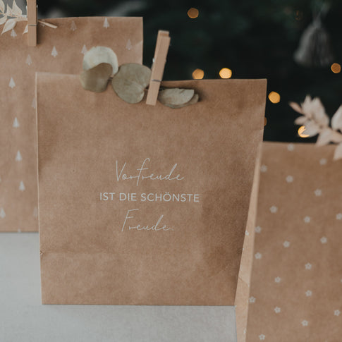 Kraftpapier-Geschenktüte mit Spruch „Vorfreude ist die schönste Freude“ und Eukalyptuszweig