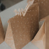 Kraftpapier-Geschenktüte mit weißen Sternen, Holzklammer und dekorativem Zweig