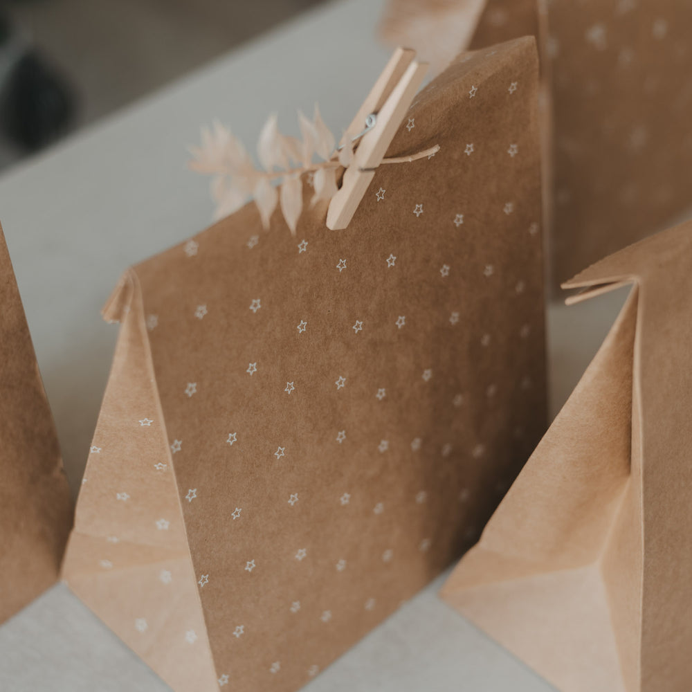 Kraftpapier-Geschenktüte mit weißen Sternen, Holzklammer und dekorativem Zweig