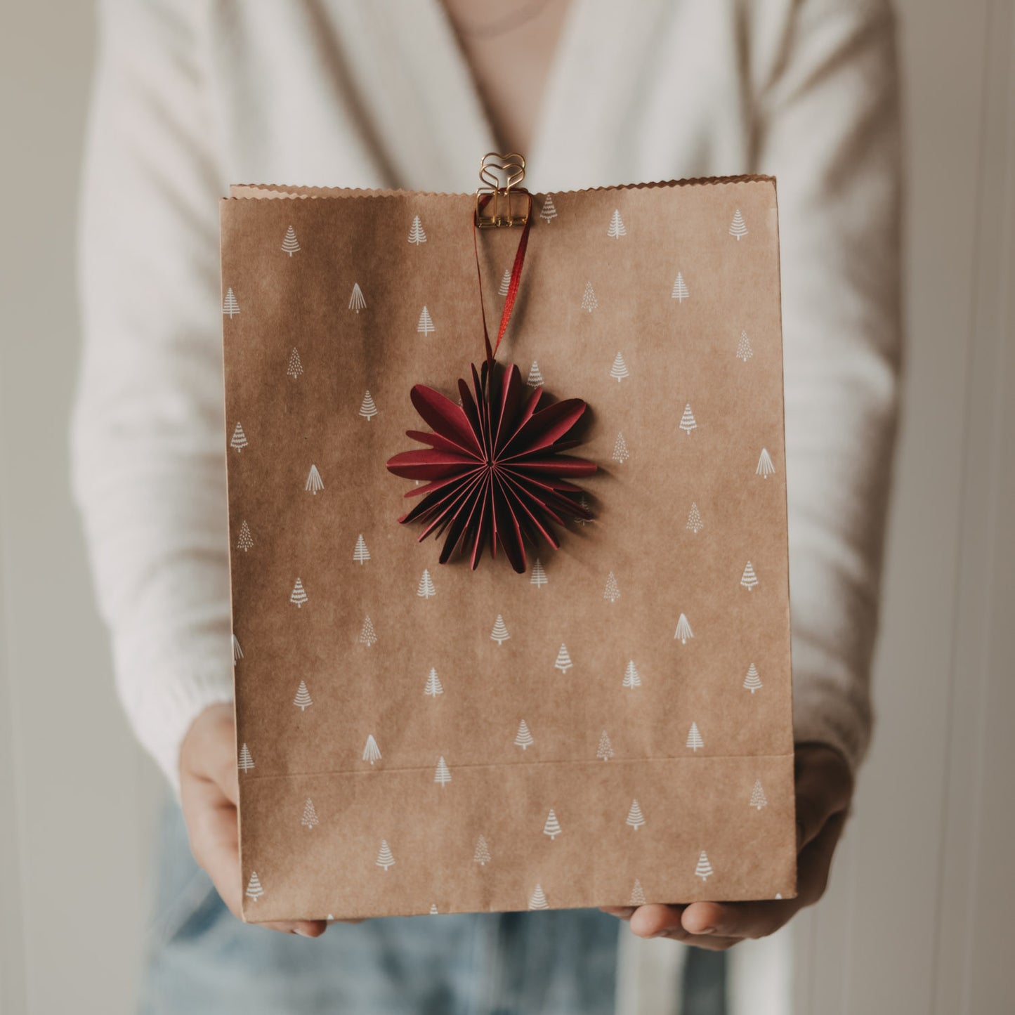 Weihnachtliche Geschenktüte mit Tannenbaum-Motiv und rotem Papieranhänger, in den Händen gehalten