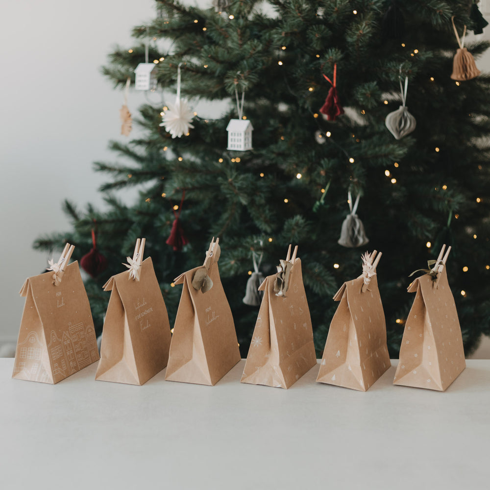 Verschiedene weihnachtliche Geschenktüten aus Kraftpapier mit Klammern und Trockenblumen